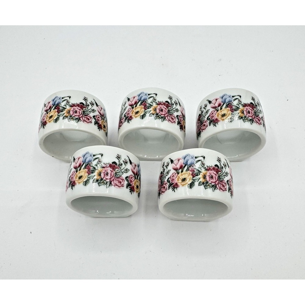 Floral Festival Napkin Rings Bill Blass Japan Vintage 1988 Porcelain Set of 5
